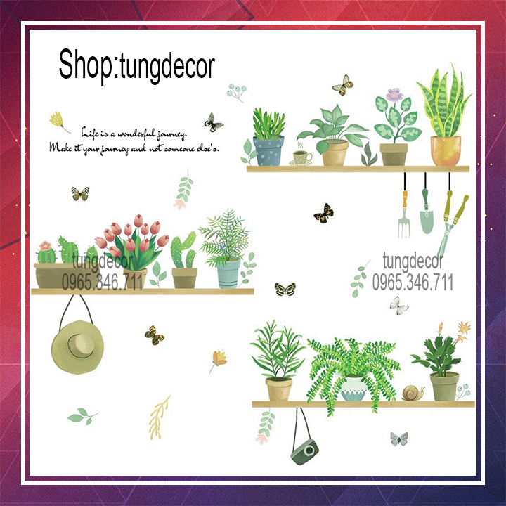 Decal dán tường trang trí phòng sẵn keo-KỆ CÂY MŨ NHỎ XL7249 . Decal dán tường Hàn Quốc trang trí phòng ngủ