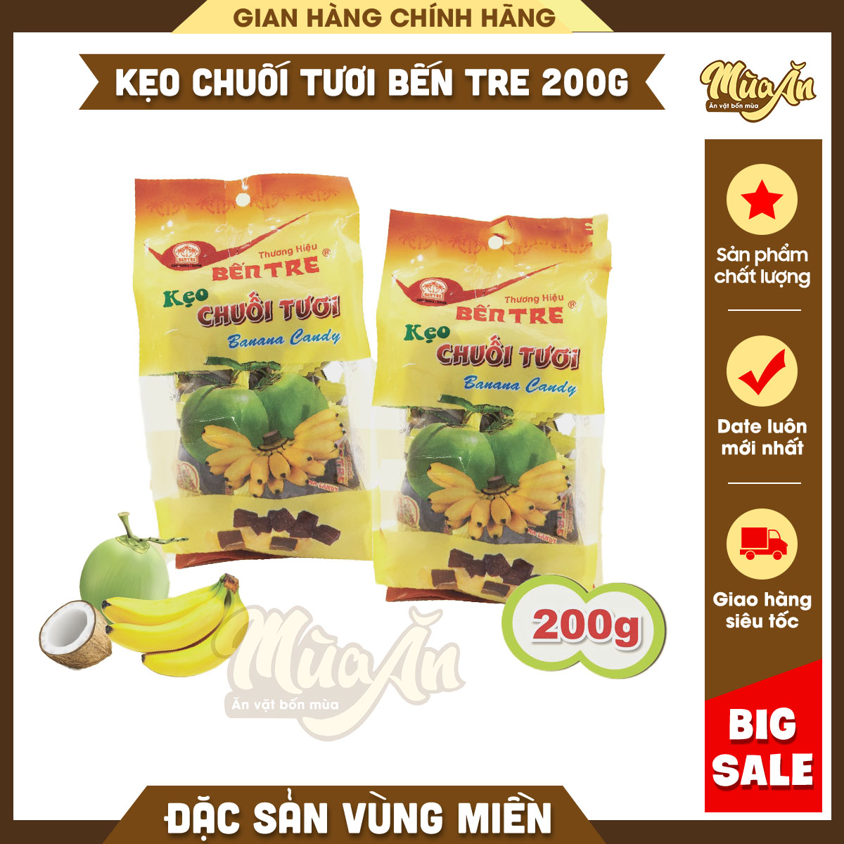 Combo kẹo chuối tươi nước cốt dừa Bến Tre 200g, Kẹo chuối tươi mềm Hai Tỏ