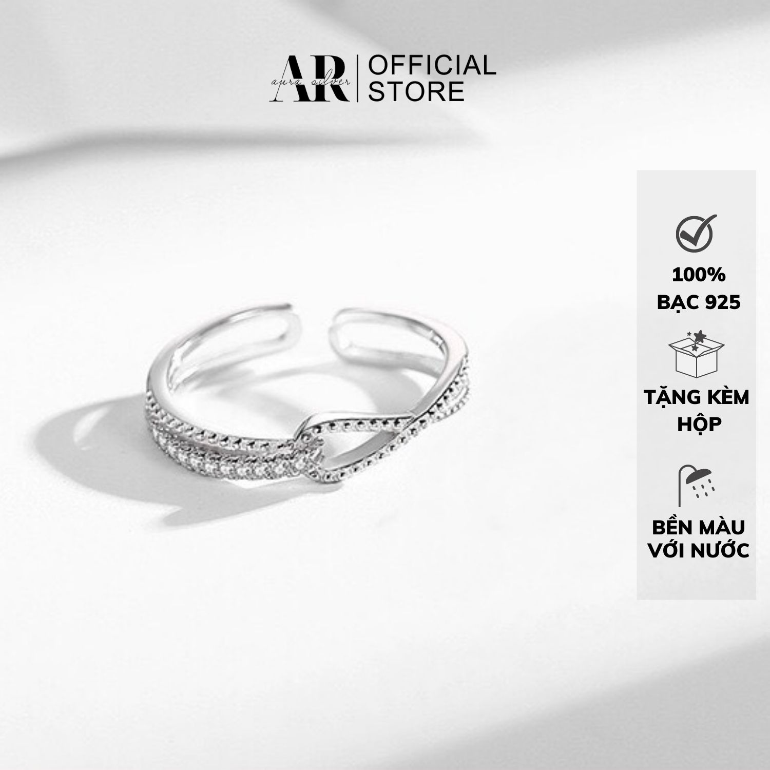 Nhẫn nữ bạc 925 nhẫn bạc kiểu dáng hở đính đá điều chỉnh size cá tính-aurasilver-n25