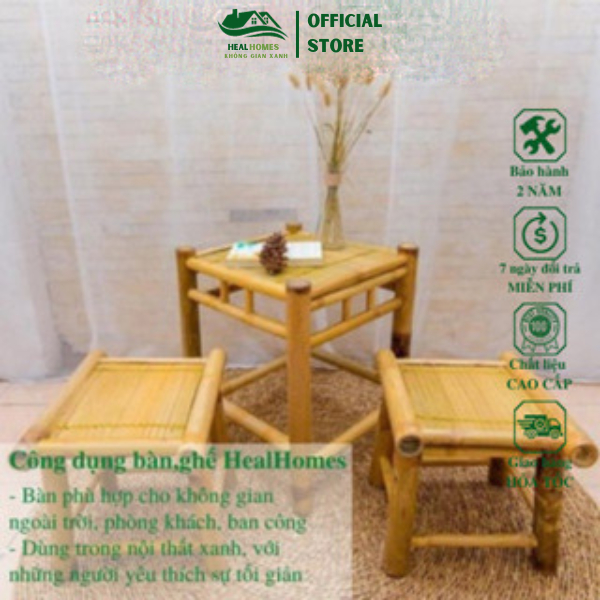 Bộ bàn ghế ban công tre cao cấp gồm 1 bàn và 2 ghế , dùng thư giãn trang trí phòng khách sân vườn quán caffee/ Healhomes