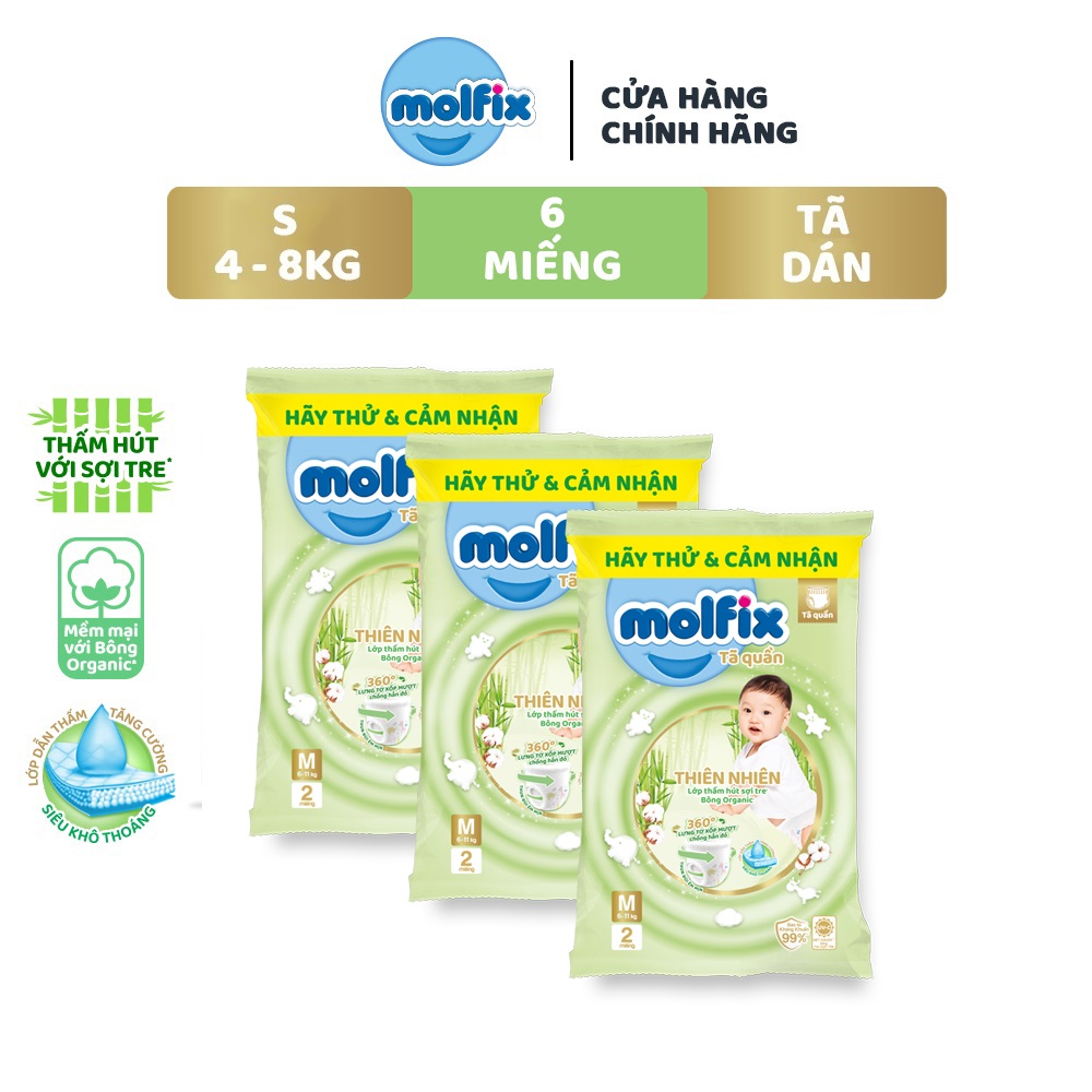 6 miếng Tã/ bỉm dán Molfix Thiên nhiên S (4kg - 8kg)