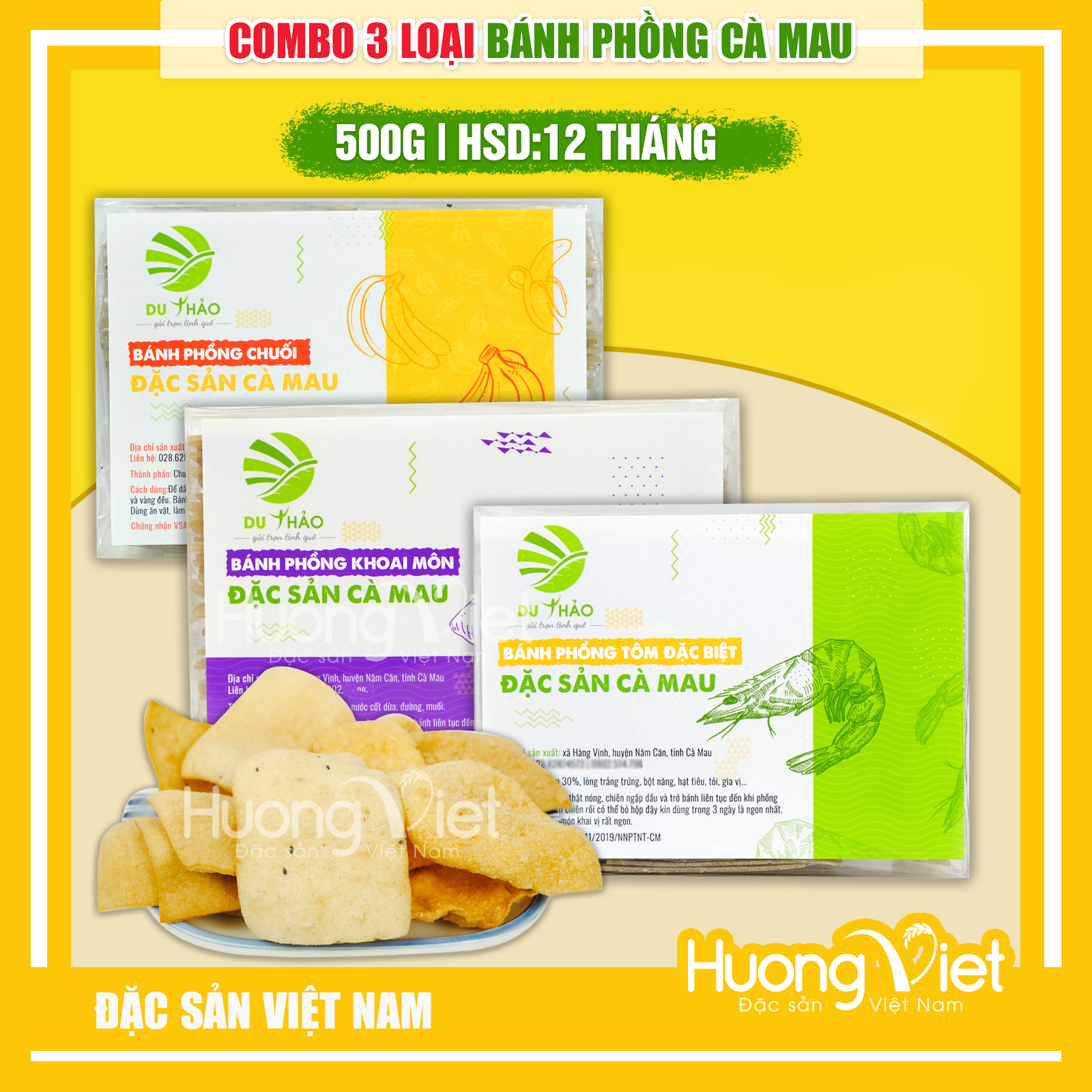 Combo 3 hộp 3 vỊ bánh phồng Cà Mau hiệu Du Thảo, bánh phồng tôm, bánh phồng chuối, bánh phồng khoai môn, hộp 500g