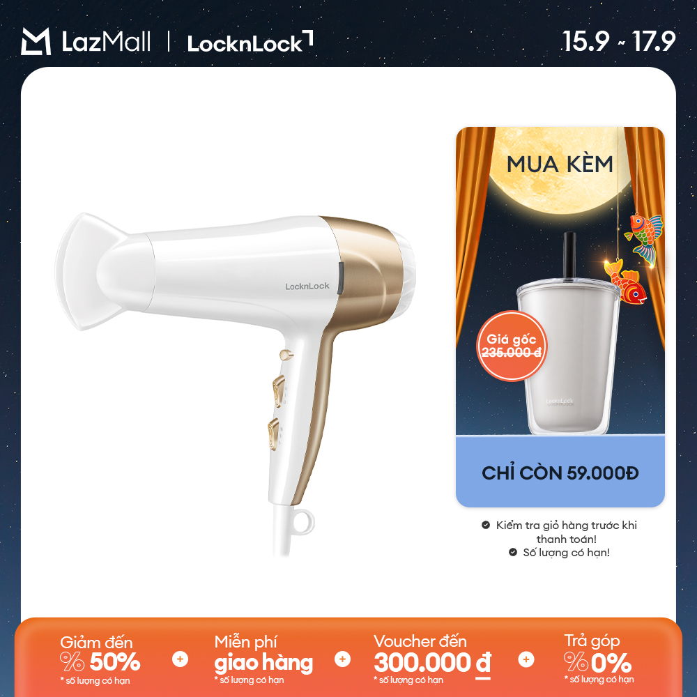 Ena136wht - máy sấy tóc lock&lock cao cấp - 3 chế độ nhiệt, có nút làm mát 2200w - màu trắng - hàng chính hãng - bảo hành 2 năm