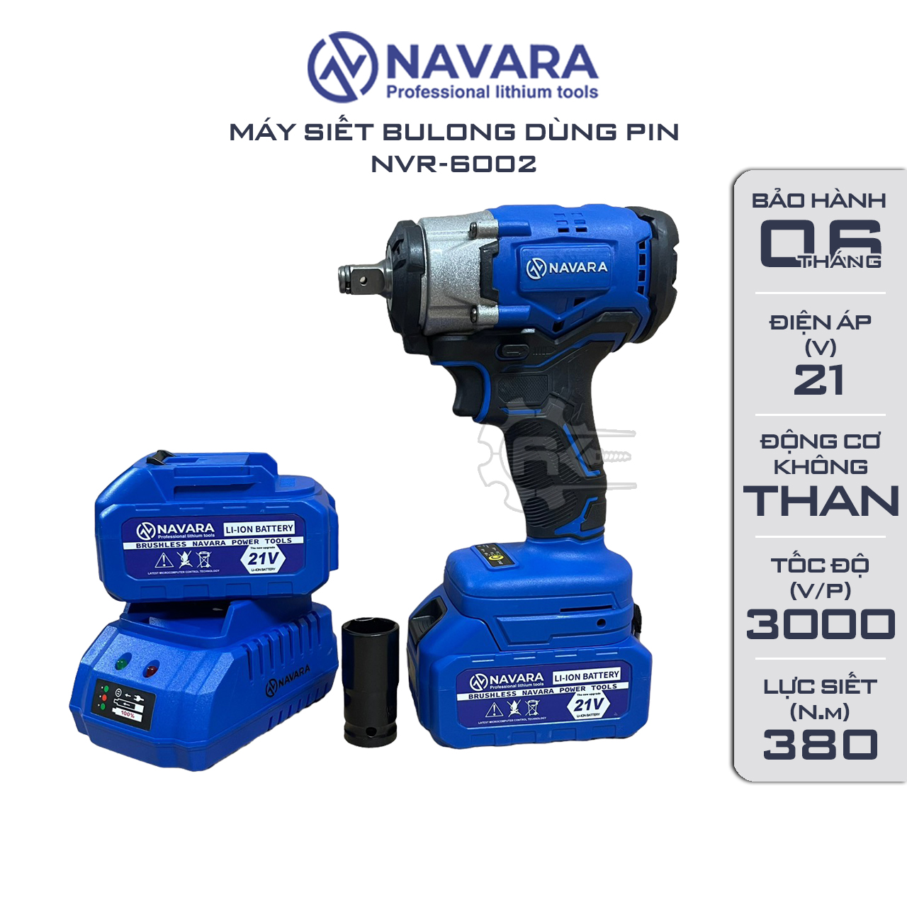 Máy siết bulong pin Navara 6002, Động cơ bền bỉ mạnh mẽ, Lực siết 380Nm