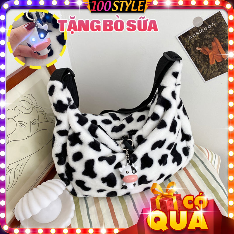 Túi vải nhung cỡ lớn bò sữa tặng móc khóa bò korea - 100style