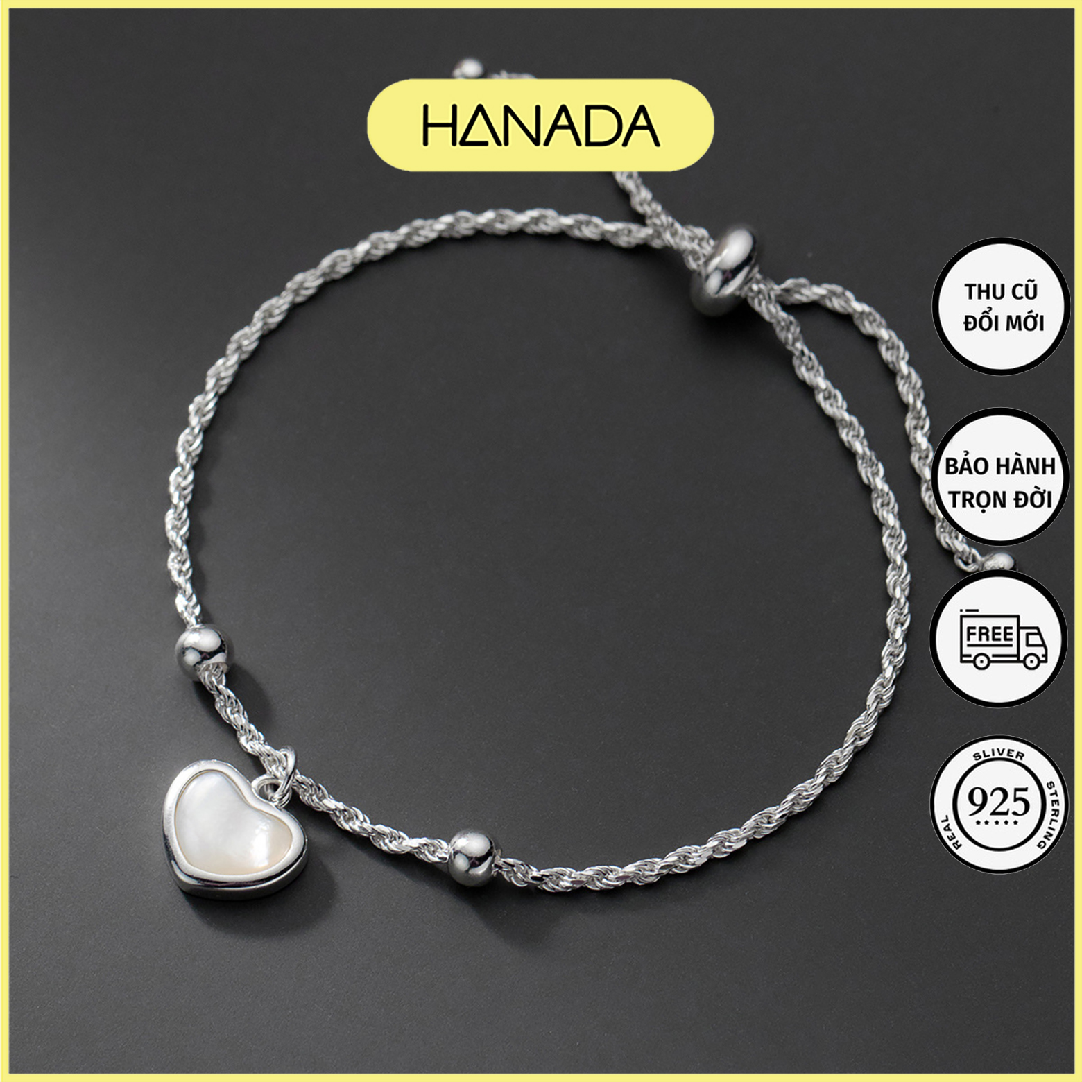 Lắc tay bạc 925 hanada lắc tay xoắn tim xà cừ 0753