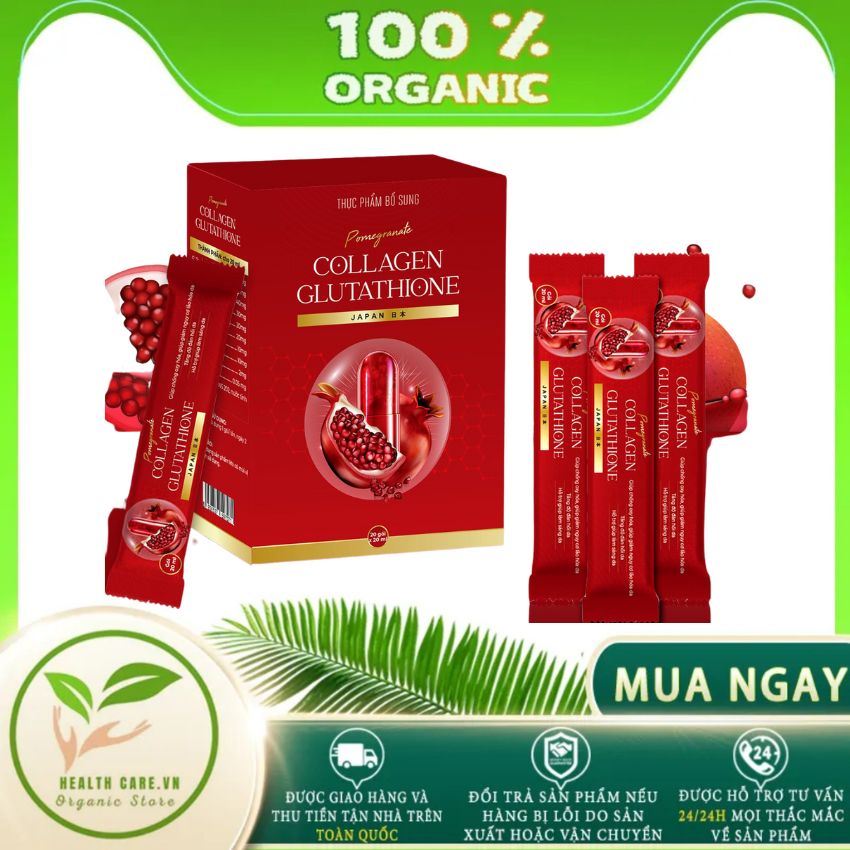 Collagen Glutathione Lựu Đỏ 1000mg, hộp 20 gói/20ml. Nước uống đẹp da tăng cường sản sinh collagen giúp da căng mịn. HC-27