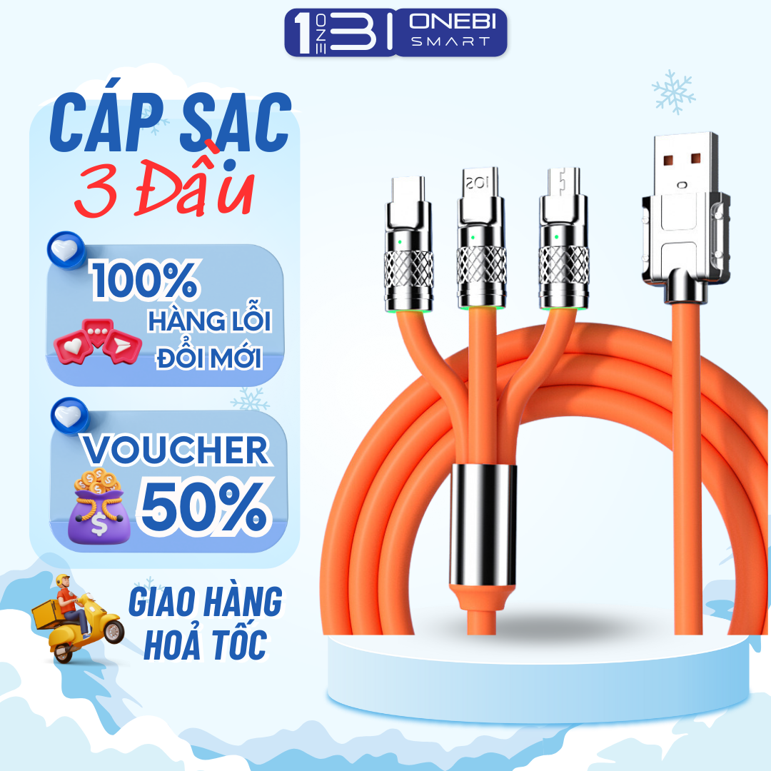 Cáp sạc 3 đầu cổng ra đa năng, sạc nhanh 120w type c ra lightning - cáp sạc nhanh iphone, dài 1m - cáp cá mập đầu bọc thép, dây bọc silicon dẻo dai