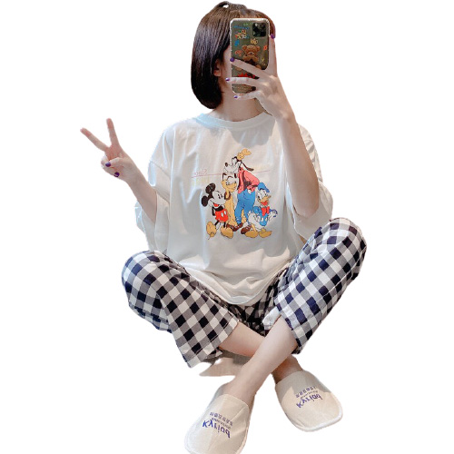 [HCM]Set bộ nữ quần dài caro áo in hình mikey tay ngắn cổ tròn thời trang mới phù hợp đi chơi đi làm S115