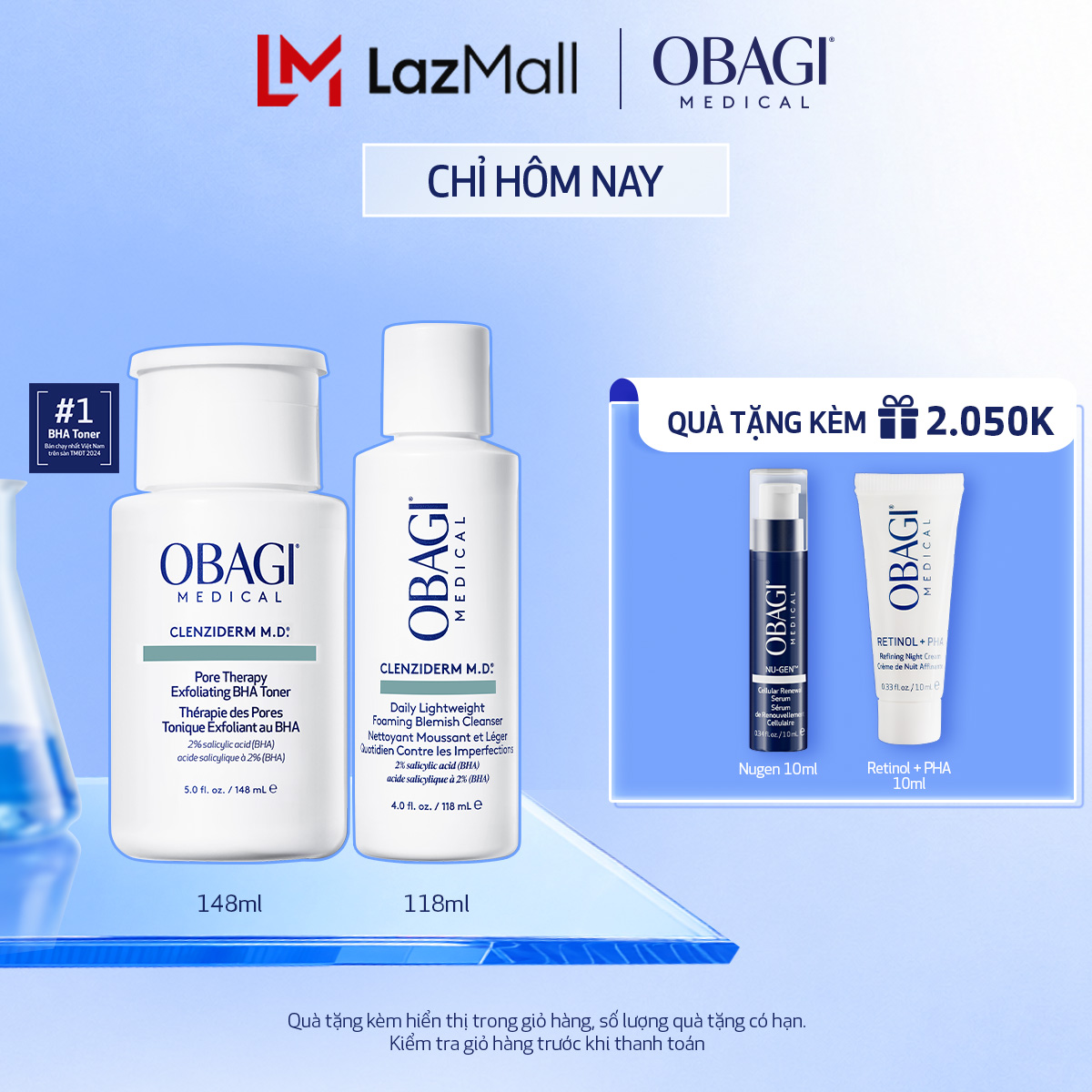 [Phiên bản mới] Bộ đôi dưỡng da Toner BHA làm sạch mụn và tẩy tế bào chết và Sữa rửa mặt Obagi Medical Clenziderm M.D (148ml  118ml)