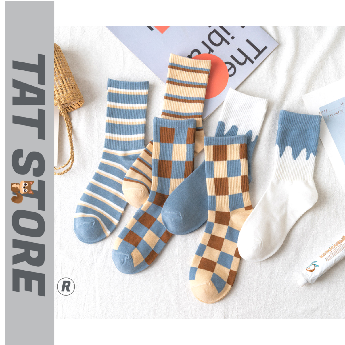 Tất cao cổ nữ Hàn Quốc  tất nữ sọc kẻ ô vuông vải cotton phong cách cá tính năng động TẤT STORE 2CCF13