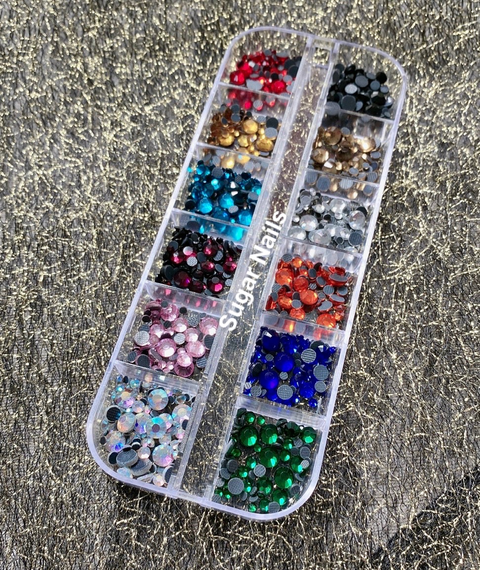 Đá nail ,set đá chân keo đính móng 12 ô mix size - sugar nails