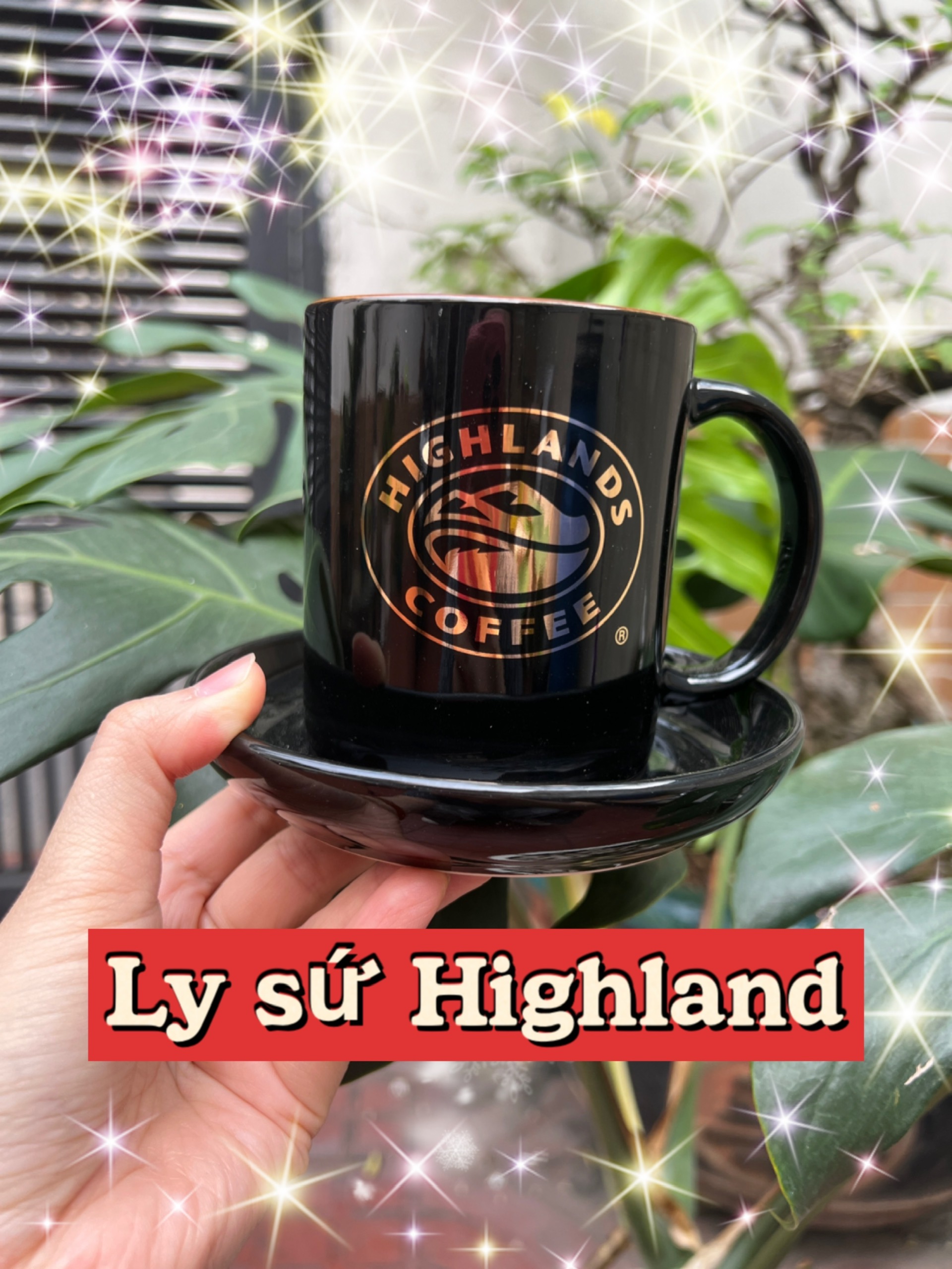Bộ ly sứ Highland màu đen 360ml, kèm đĩa