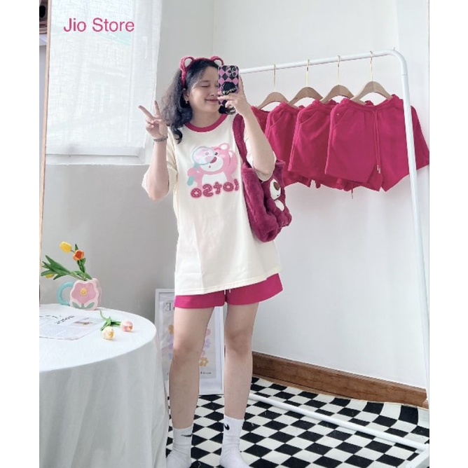 Áo thun gấu dâu Lotso, áo thun kem phối cổ hồng cotton 4 chiều