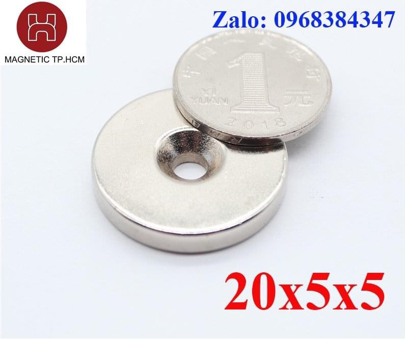 Nam châm trắng đất hiếm tròn 20x5 lỗ 5mm