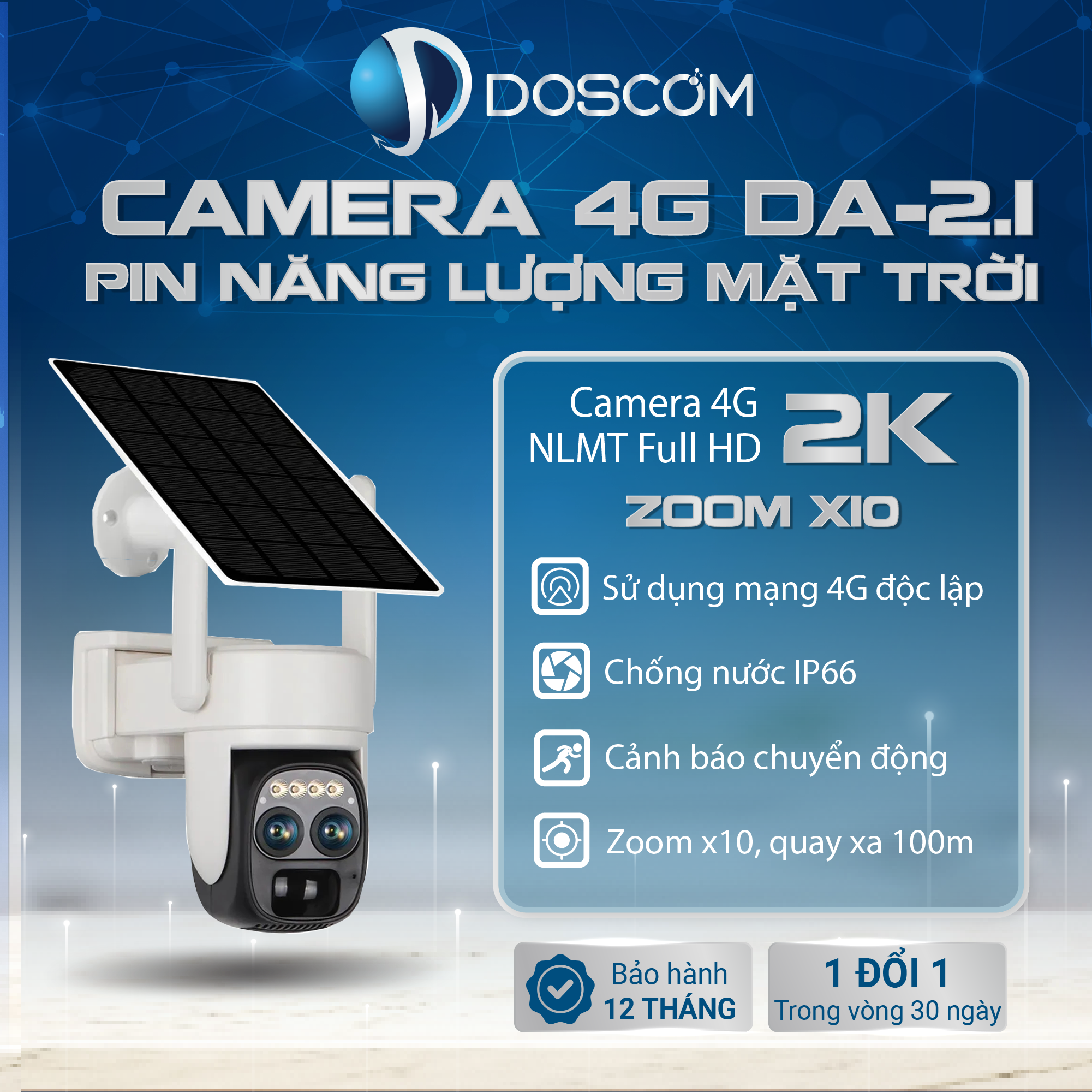 Camera 4G Mini Doscom DA2.1 Sử Dụng Năng Lượng Mặt Trời Giám Sát An Ninh 360 độ Đàm Thoại 2 Chiều Tặng Kèm Sim 4G