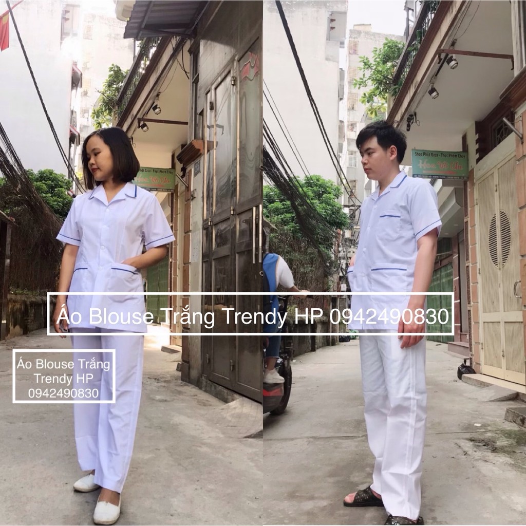 Bộ quần Áo blouse trắng điều dưỡng nam nữ cộc tay dài tay có viền xanh - áo blu y tá có viền xanh