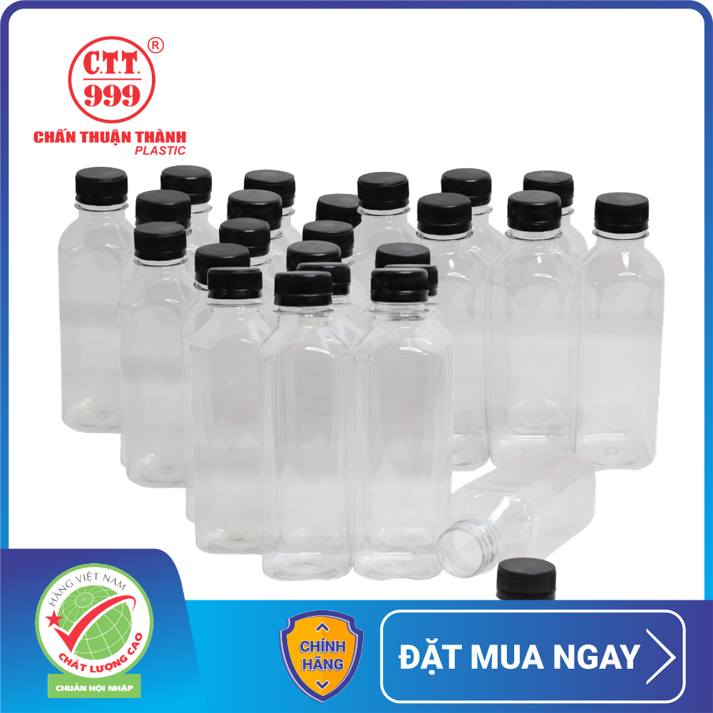 Combo 20 chai nhựa PET Chấn Thuận Thành 330ml đựng trà sữa, nước ép - chai vuông miệng nhỏ, kèm nắp PET3020T-V-20