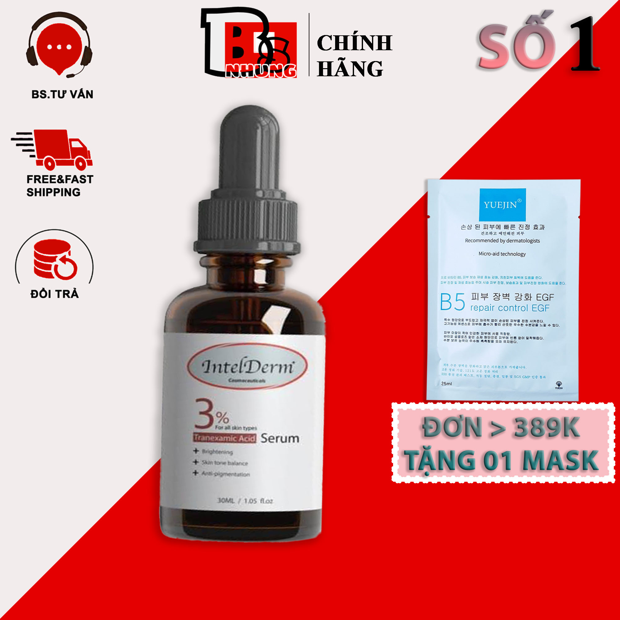 Serum cấp ẩm phục hồi và sáng da IntelDerm 3% Tranexamic Acid Serum 30ml