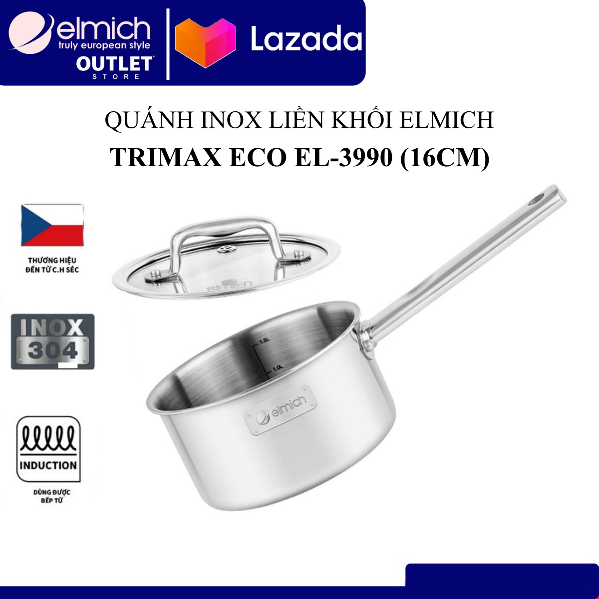 Quánh Nồi Bột Inox 304 3 lớp đáy liền Trimax ECO ELMICH El3990 16cm