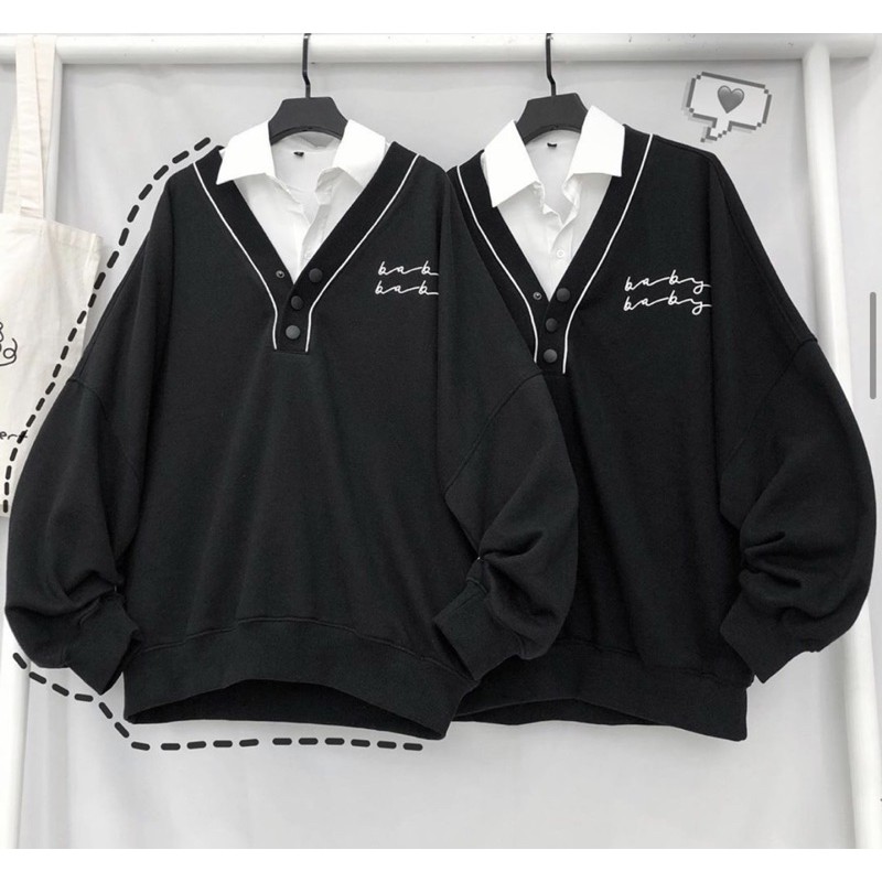 [HCM]Áo Sweater Nỉ BABY Viền Cổ Phối Nút Form Rộng Ulzzang (Đen Trắng)