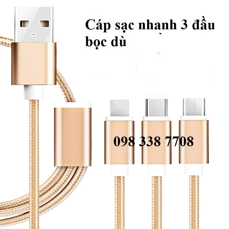 Cáp sạc điện thoại bọc dù, dây sạc điện thoại bọc dù 3 đầu chống đứt cho các dòng điện thoại dài 1,2m