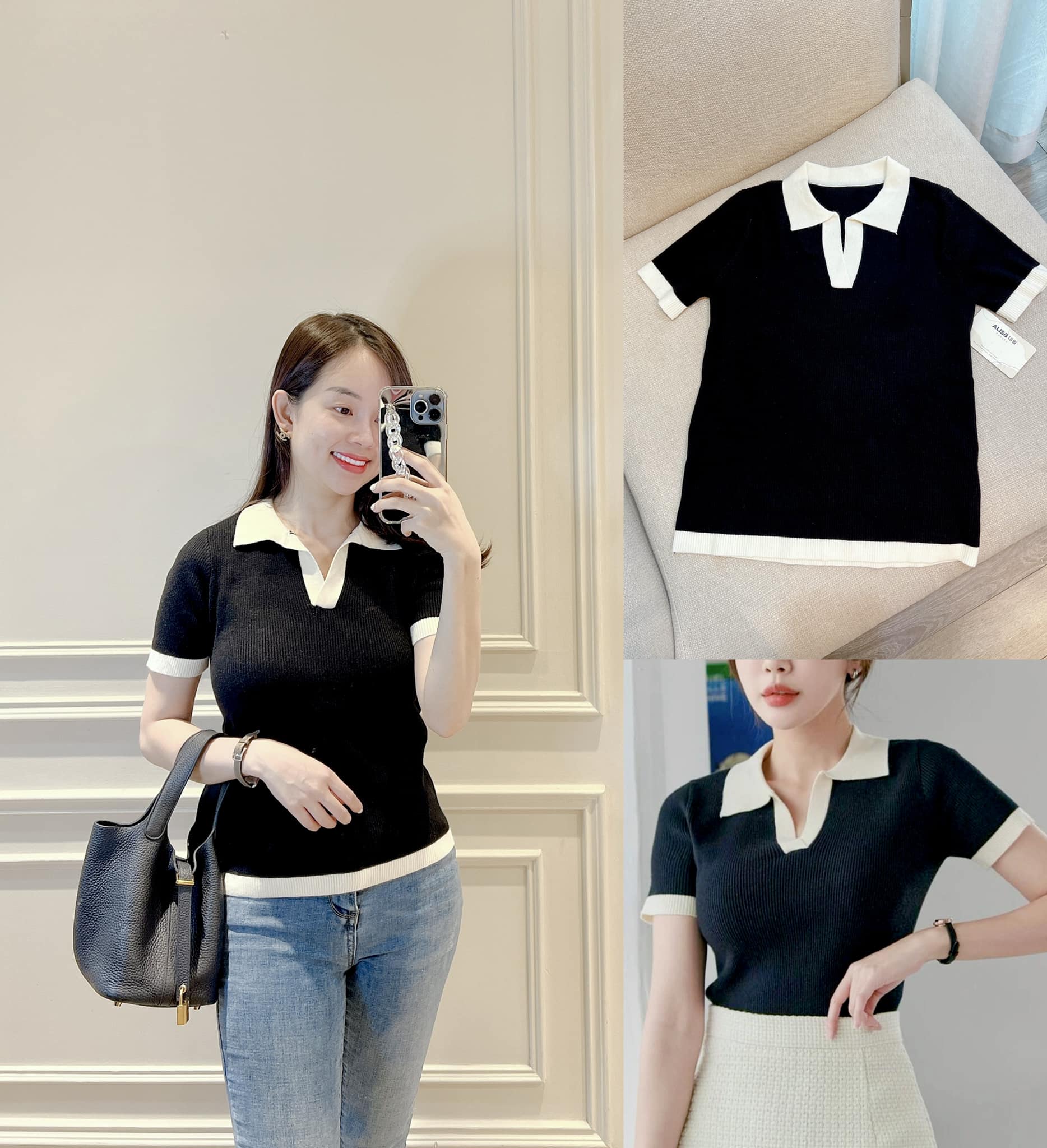 Áo len đen cổ đức viền kem - alisa
