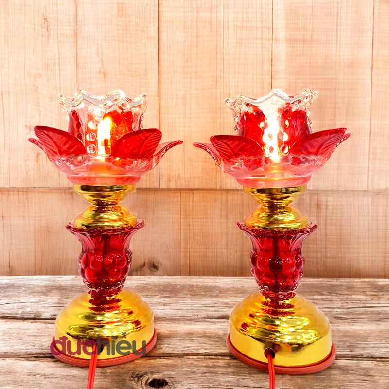 Đèn thờ cúng hoa sen để bàn thờ chất liệu thủy tinh cao 22cm , đèn cúng Phật, Quan Âm - Đức Hiếu Shop
