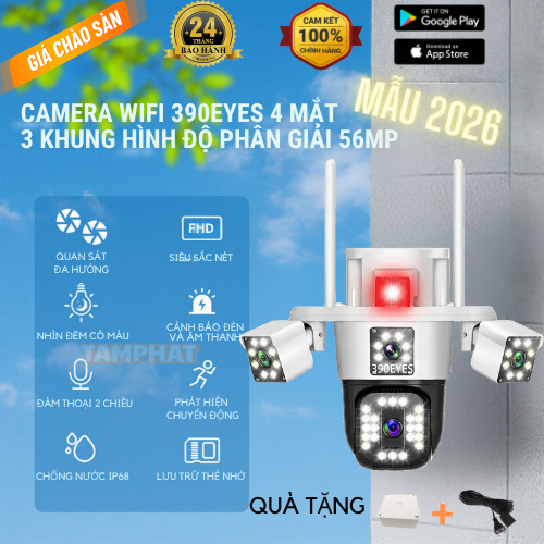 (Độ phân giải 56MP) Camera WIFI 390EYES 4 MẮT 3 KHUNG HÌNH Ngoài Trời độ phân giải 56MP BẢN CAO CẤP