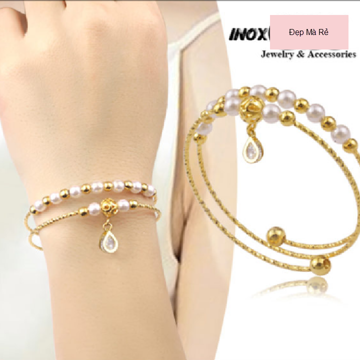 Vòng tay nữ inox dạng hở 2 tầng cách điệu ngọc trai tòn ten giọt nước-Tự thu nhỏ theo vòng tay-Cam kết 1 đổi 1 nếu hoen , gỉ sét