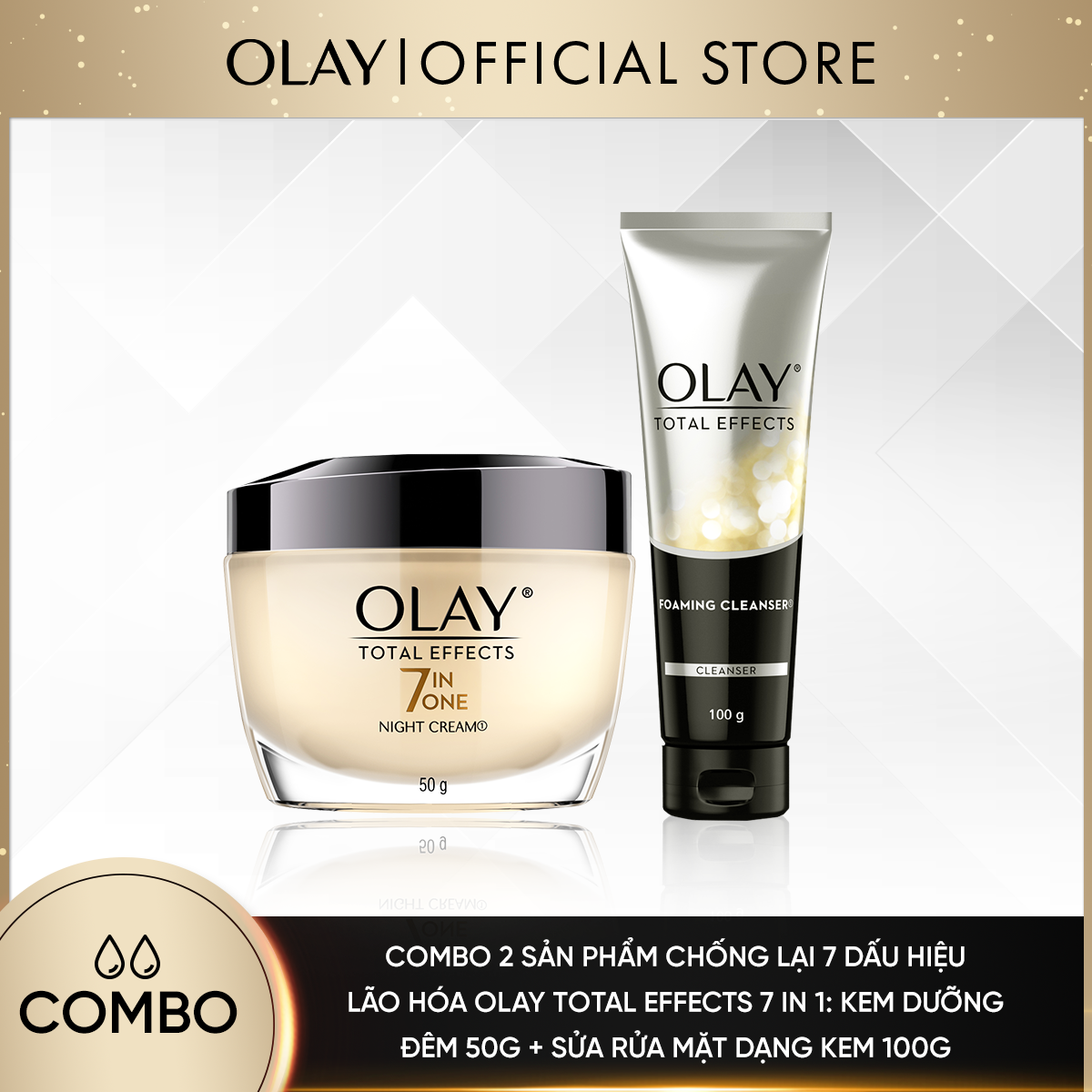 [25-30.11 DEAL SỐC ĐƠN 249K TẶNG 2 QUÀ] Combo 2 Sản Phẩm OLAY Total Effects Chống Lại 7 Dấu Hiệu Lão Hóa: Kem Dưỡng Ban Đêm 50g + Sữa Rửa Mặt 100g [Số lượng quà có hạn]