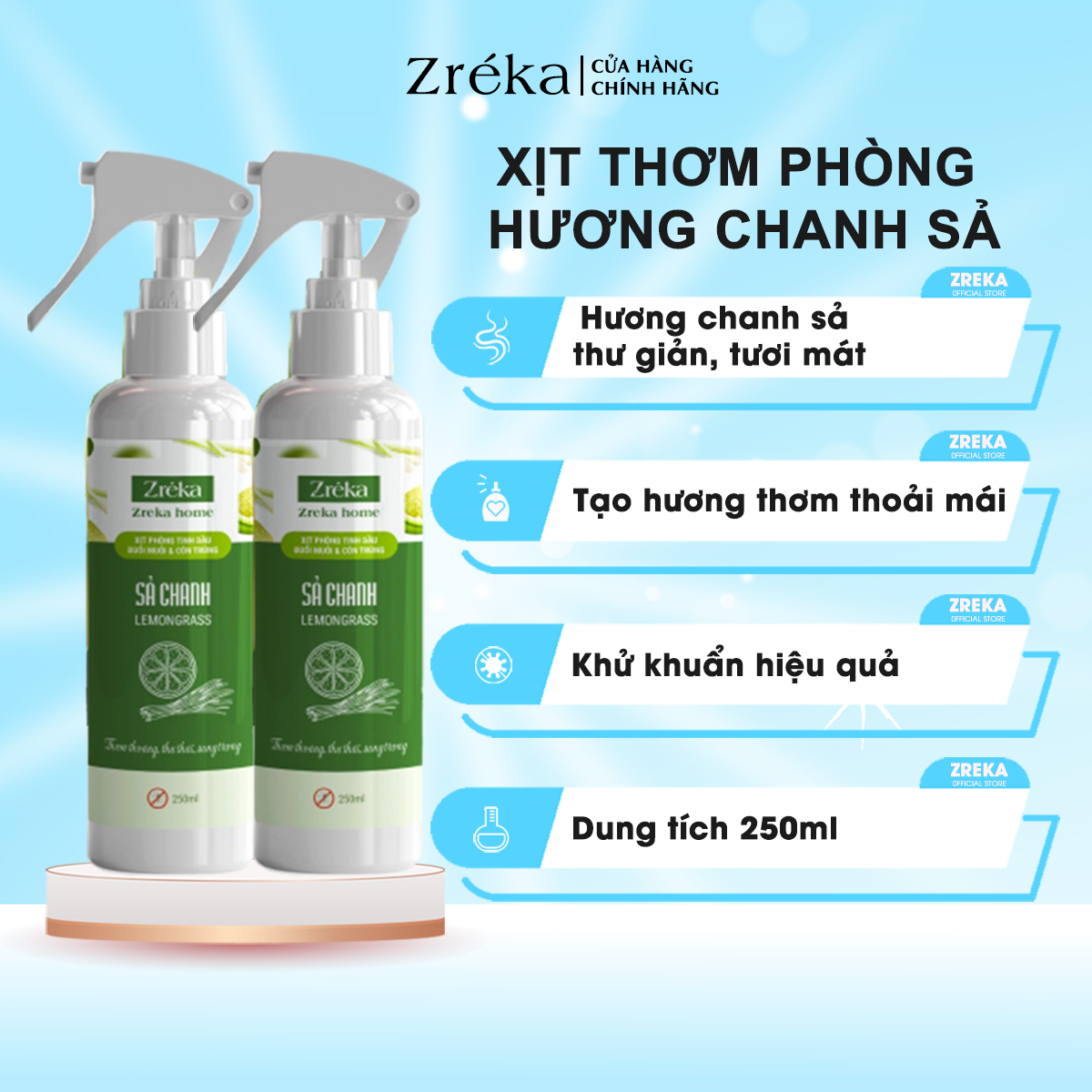 Combo 2 bình xịt thơm phòng sả chanh khử mùi thơm lâu đuổi muỗi và côn trùng thiên nhiên thương hiệu zreka