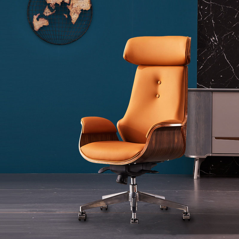 Ghế giám đốc da bò lưng ốp gỗ nguyên khối uốn cong nghệ thuật BJ746, Ghế xoay văn phòng làm việc chống mỏi lưng có tựa đầu cao cấp