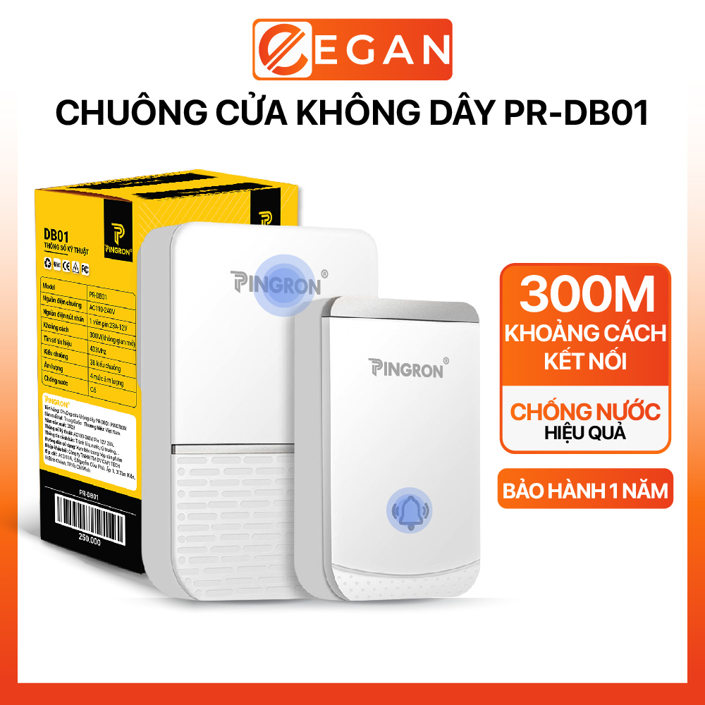 Chuông cửa không dây thông minh PINGRON PR-DB01 - Chống nước tốt, khoảng cách kết nối xa, âm thanh lớn, bảo hành 12 tháng
