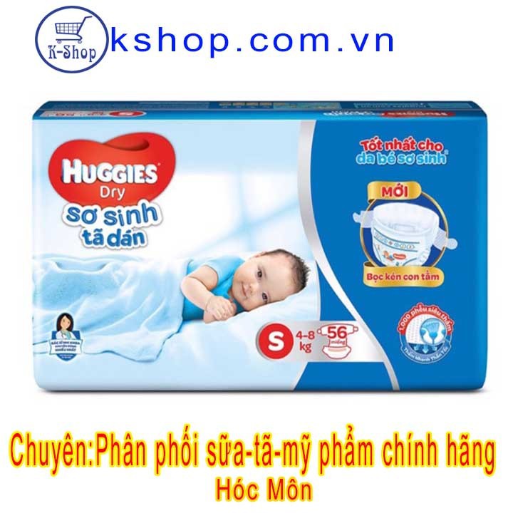 Tã dán sơ sinh huggies dry s56 miếng cho bé từ 4-8kg mẫu mới bọc kén con tằm