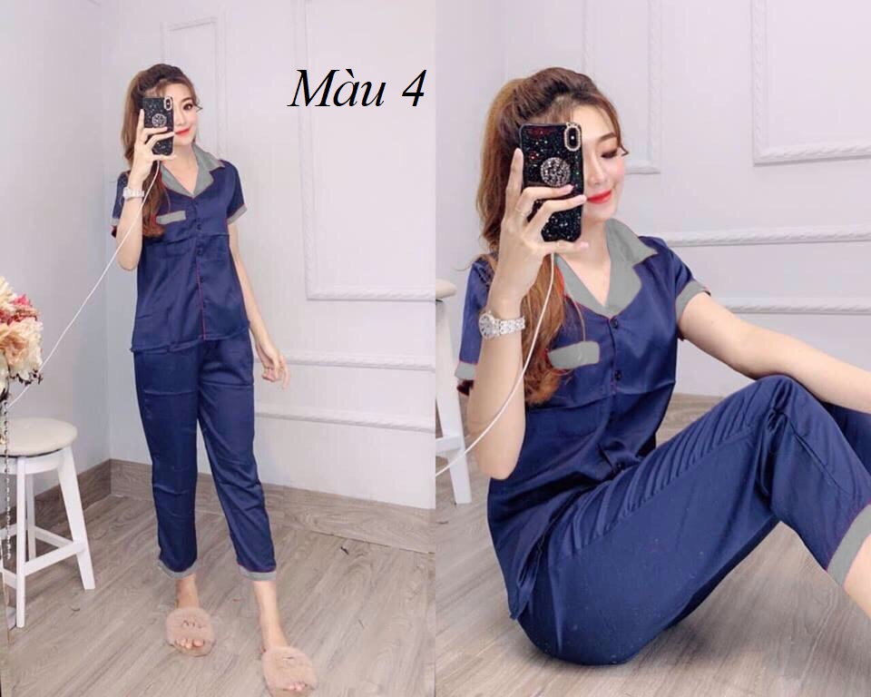 Đồ bộ pijama phi lụa phối quần dài cao cấp - dưới 65kg- 018
