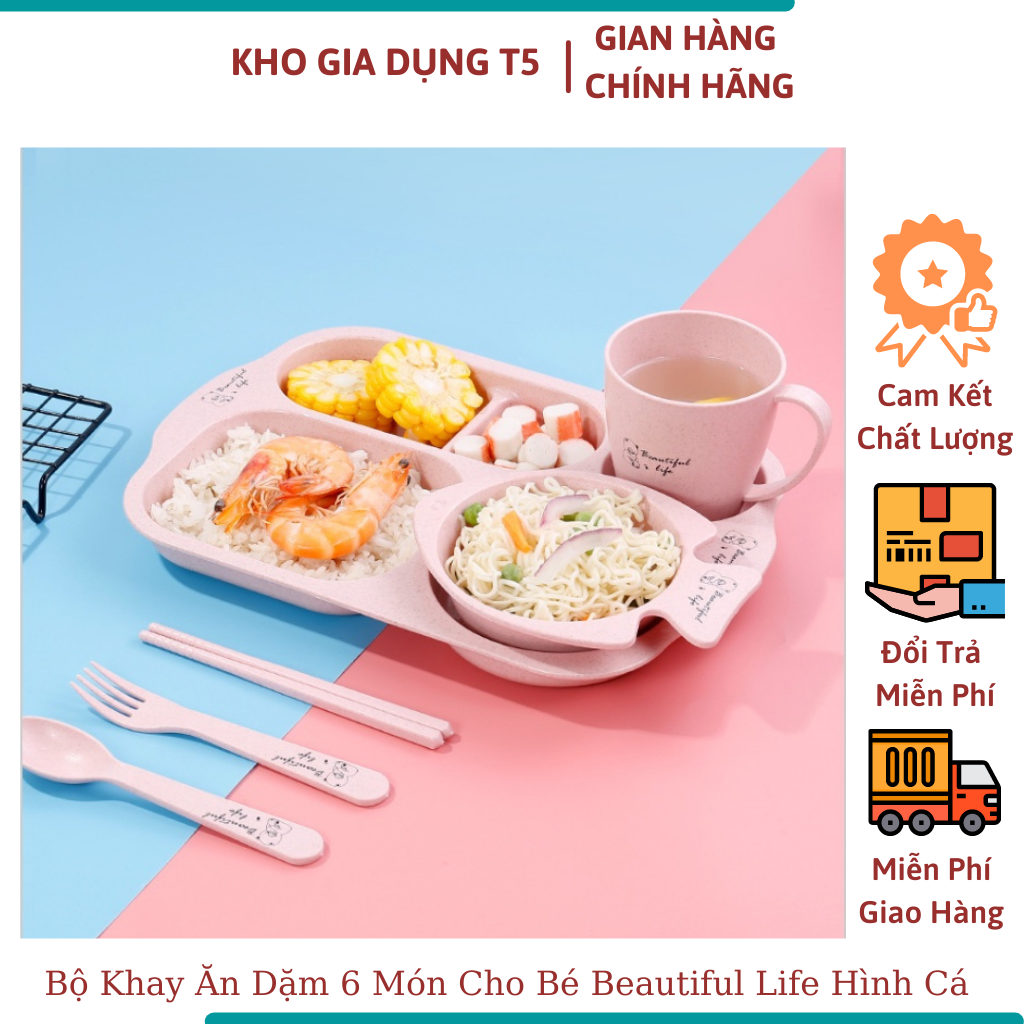 Bộ khay ăn dặm 6 món cho bé beautiful life hình cá bằng lúa mạch