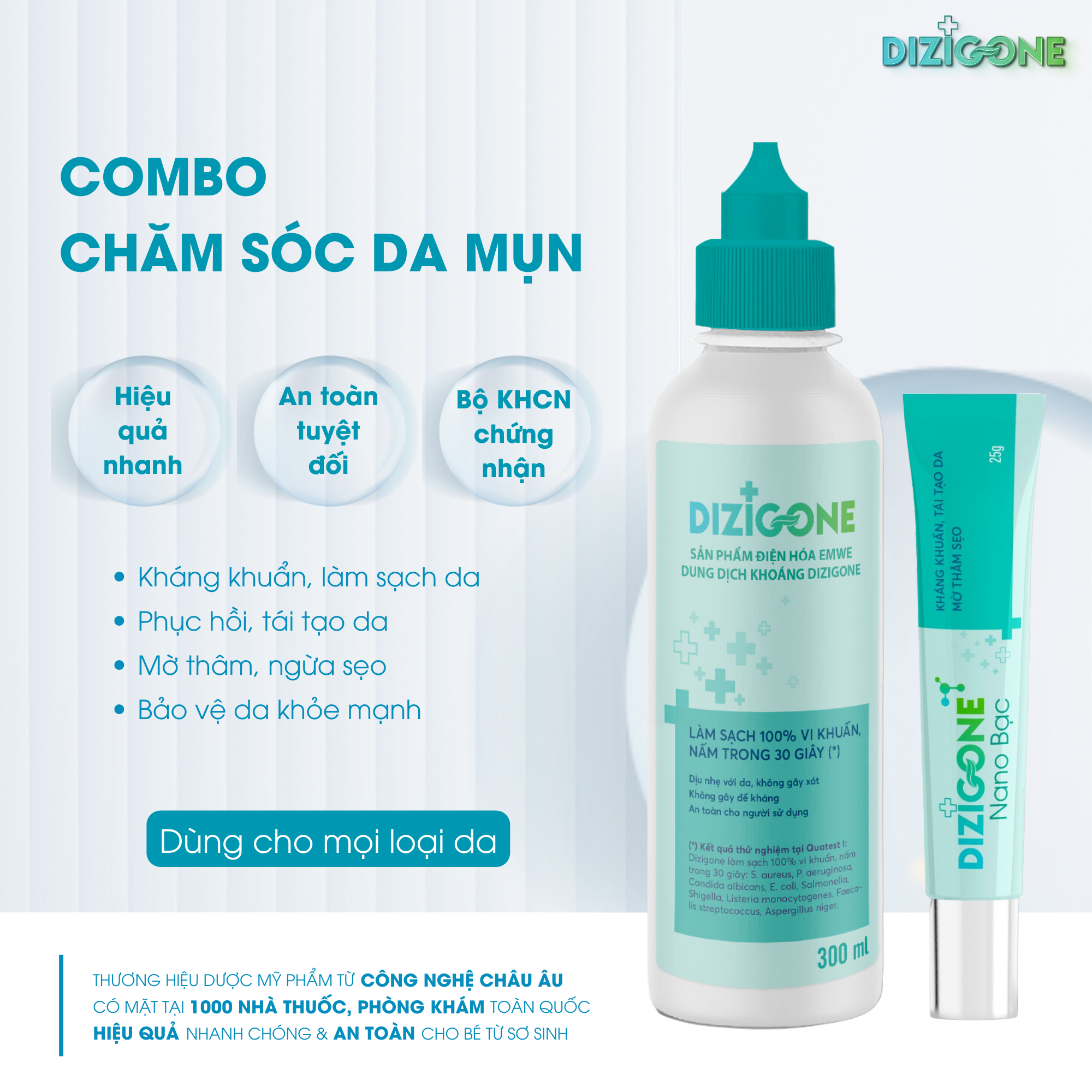 [Combo CHĂM SÓC DA MỤN] Dung dịch kháng khuẩn DIZIGONE & Kem DIZIGONE Nano Bạc: Chống viêm, giảm mụn, ngừa thâm sẹo