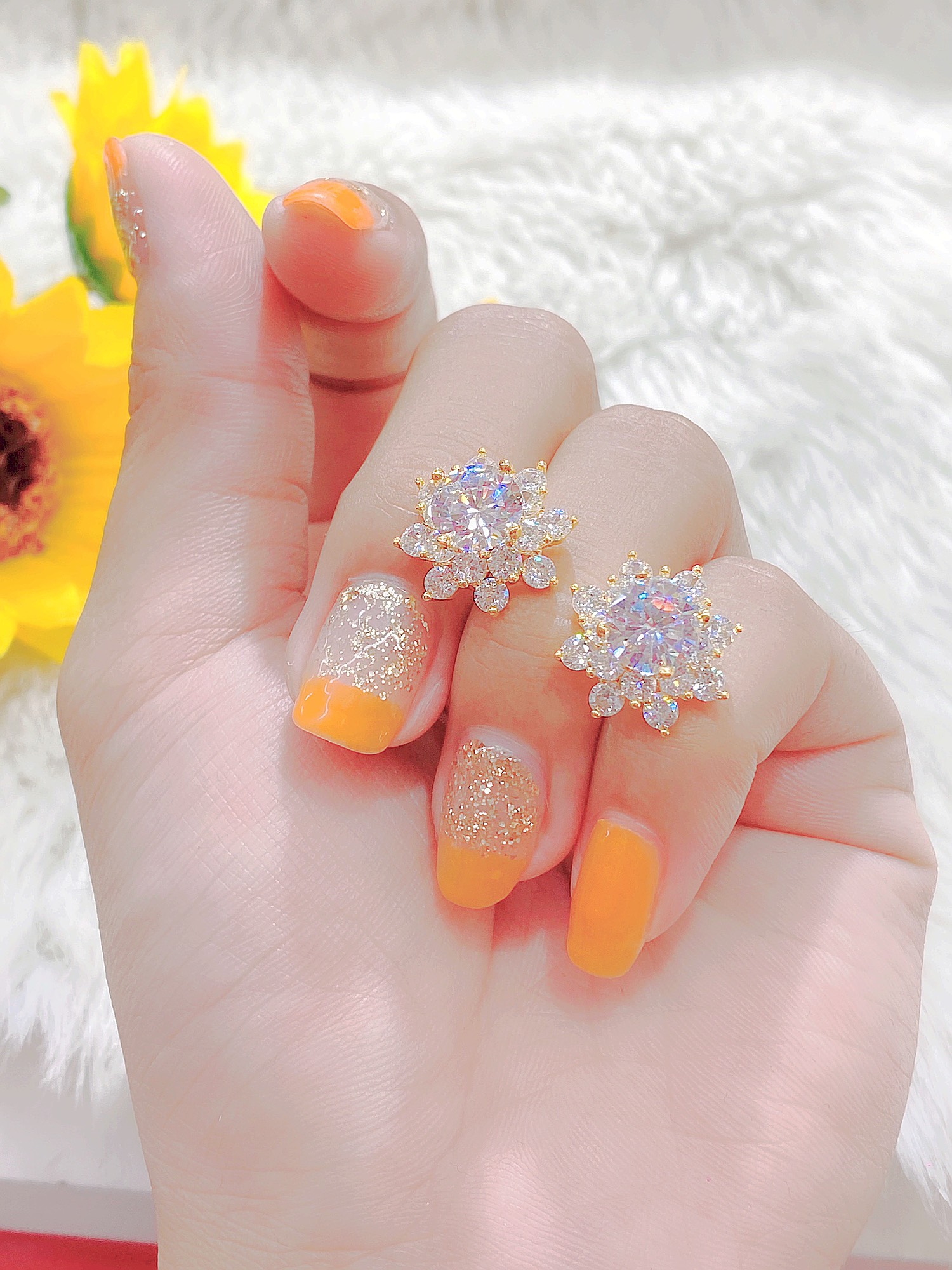 Bông tai bạc nữ hình cánh hoa JK Silver kiểu dáng Hàn Quốc mạ vàng 18K đính kim cương nhân tạo công nghệ xi vàng 4 lớp cao cấp không đen không phai màu không gây dị ứng trang sức nữ cao cấp