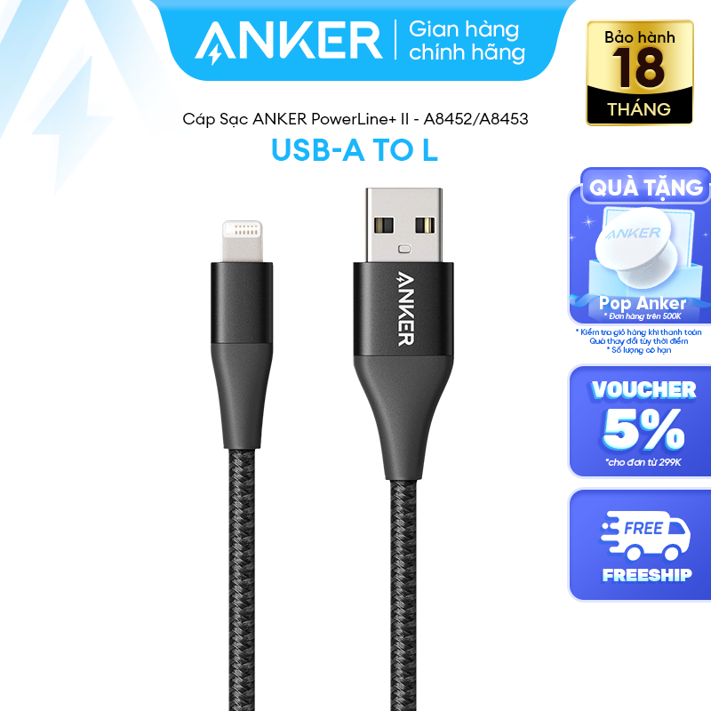 Cáp sạc anker powerline+ ii 15w usb-a to lightning - dài 0.9m - đạt chứng chỉ mfi - a8452/a8453
