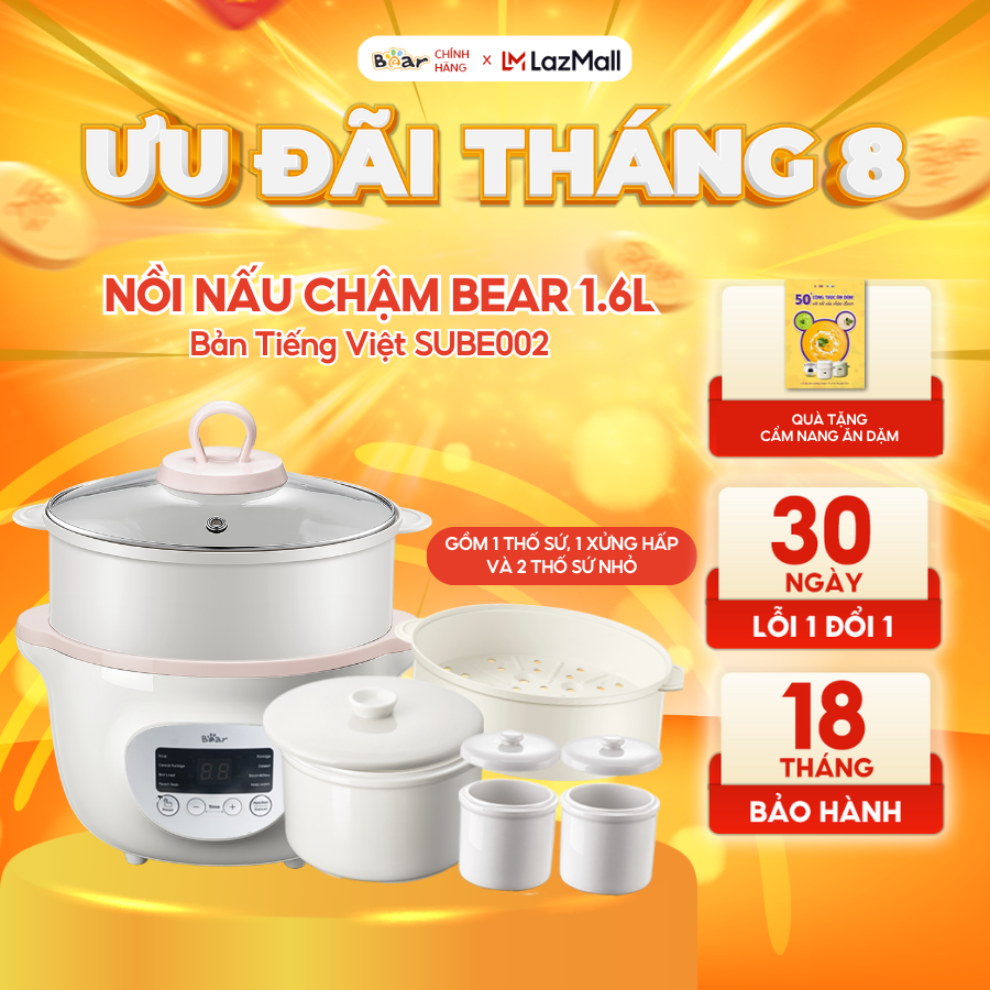 Nồi nấu chậm 1,6l bear sube002 chính hãng đa năng nấu cháo, chưng yến bản quốc tế bảo hành 18 tháng