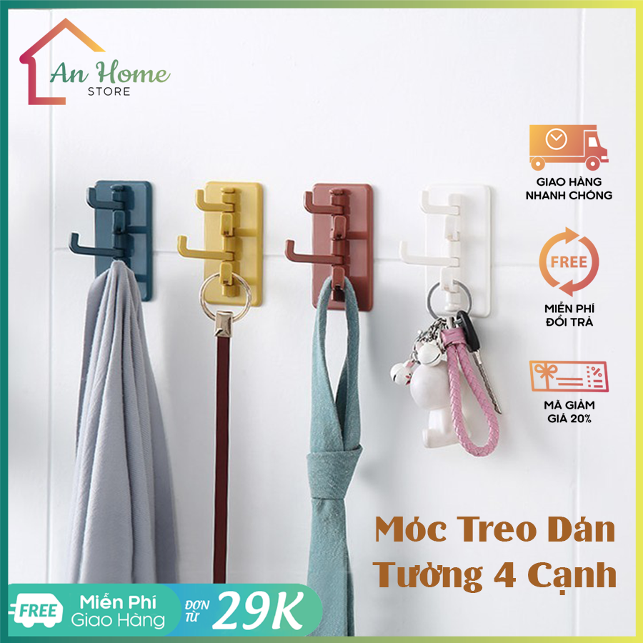 Móc treo đồ dán tường 4 nhánh anhome, móc treo đồ hình cây thông 4 nhánh dán tường chịu lựa siêu chắc chắn