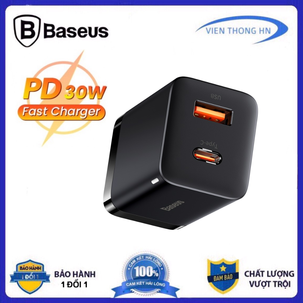 Củ sạc nhanh ip 30w Baseus - Cục sạc 2 cổng sạc type c USB  gấp gọn tiện lợi mang đi cho iphone 11 12 13 14 ... - vienthonghn 