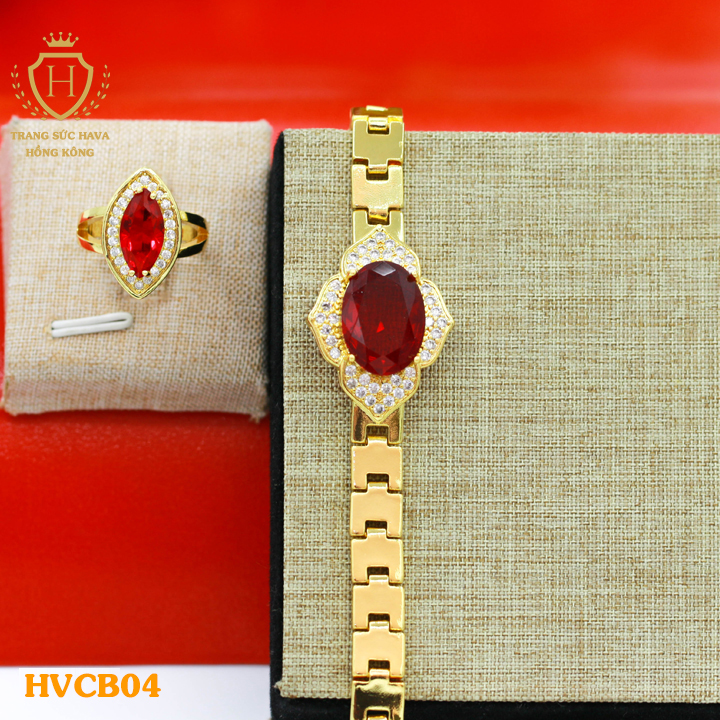 Combo Lắc Tay Nữ, Vòng Tay Nữ và Nhẫn Mặt Đá Oval (Màu Đỏ), Titan Xi Mạ Vàng Non 24k Thật Cao Cấp - Trang Sức Hava Hong Kong