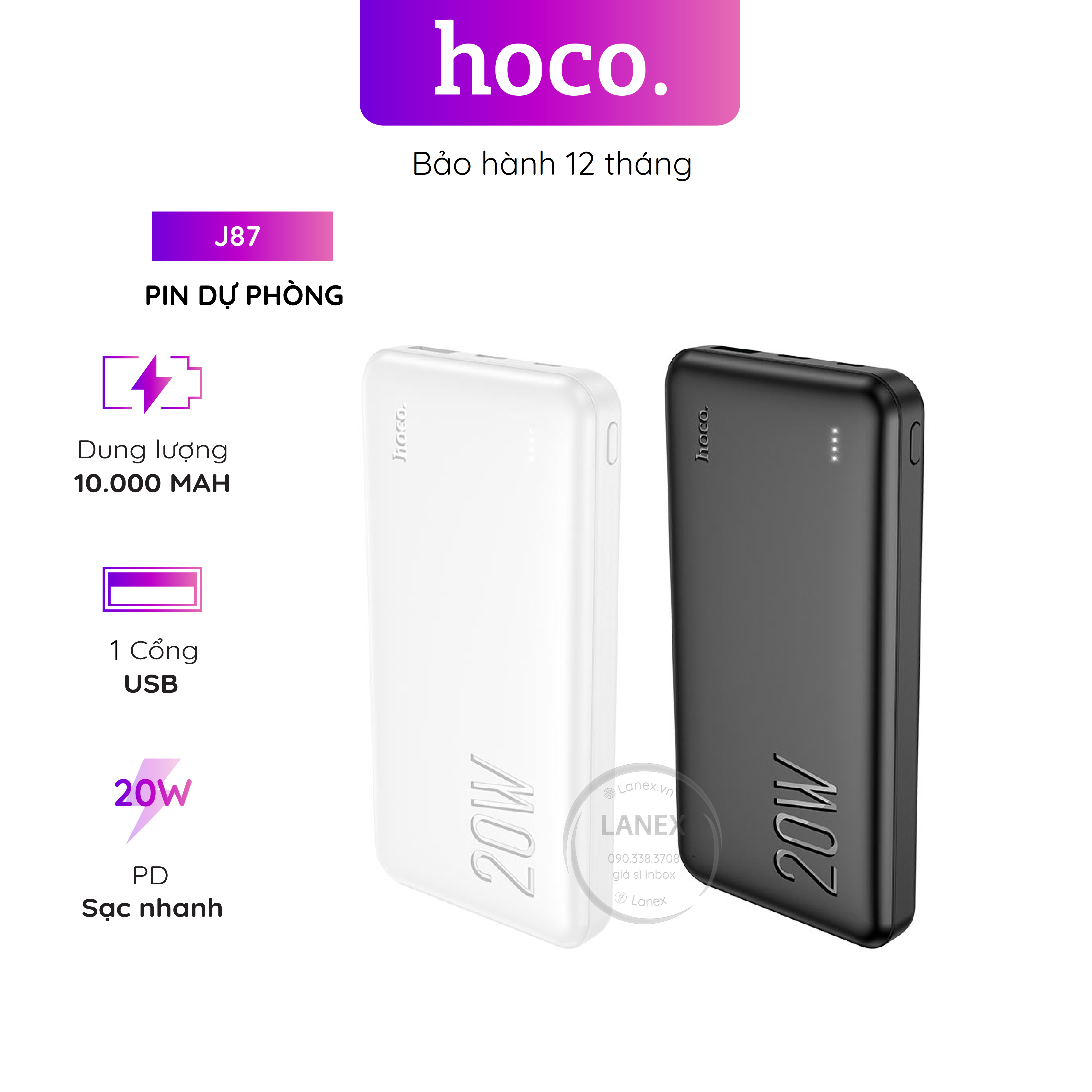 Pin dự phòng hoco j87 polymer 1 cổng usb qc 3.0 pd 20w 10000mah