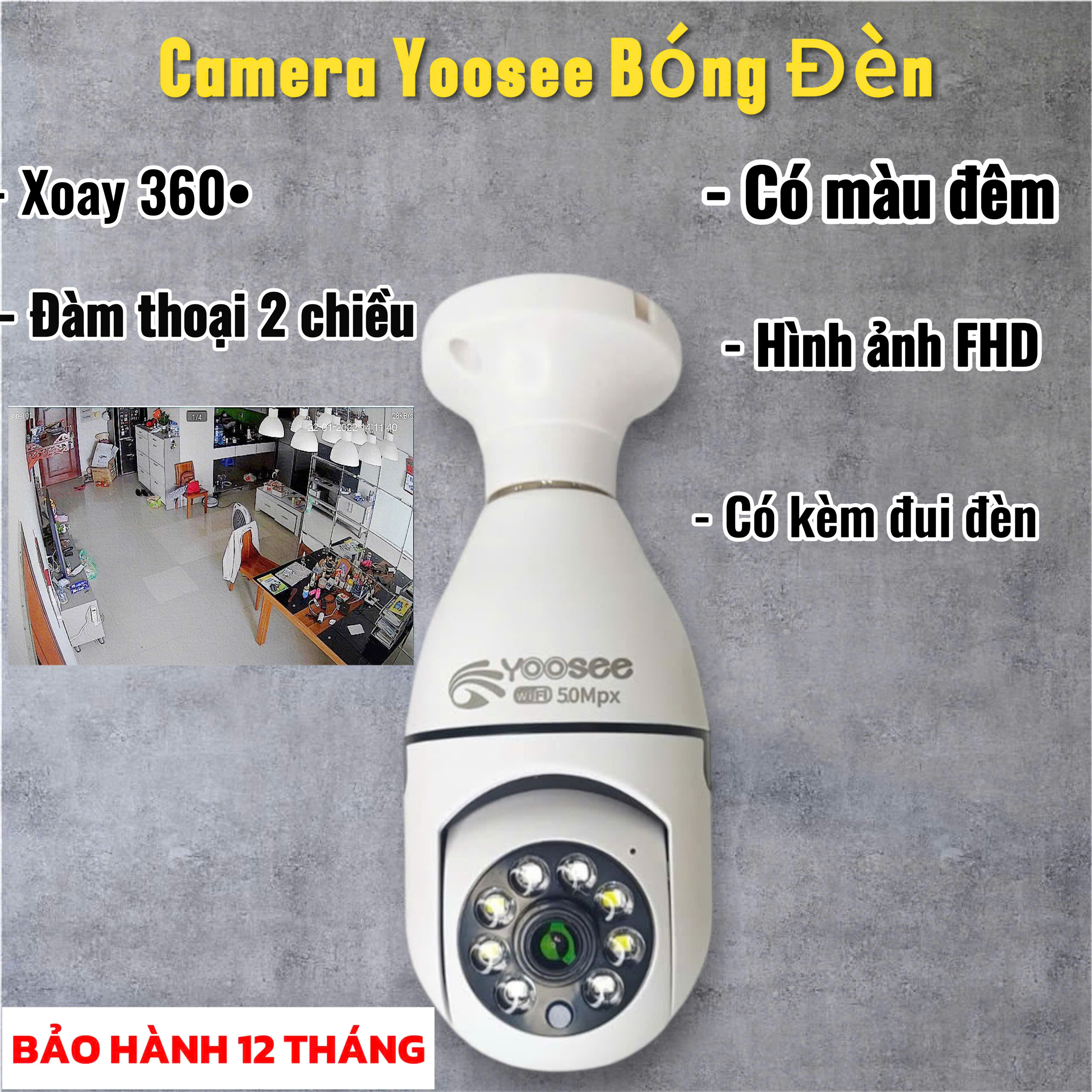 Camera WIFI YOOSEE Chui Bóng Đèn FHD, Ban Đêm Có Màu,Đàm Thoại 2 Chiều,Xoay 360 Độ