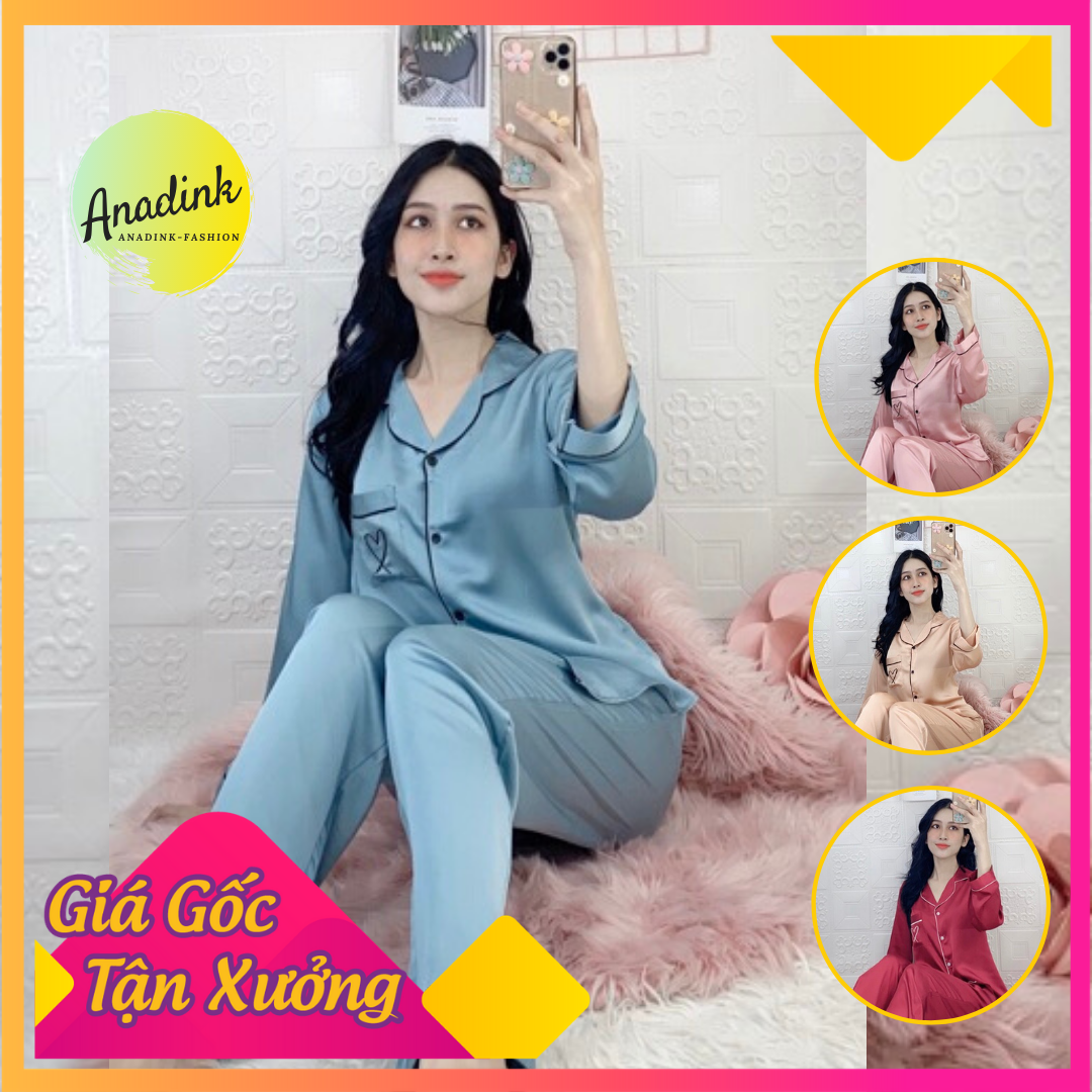 Bộ đồ ngủ pijama lụa satin trơn của thời trang nữ cao cấp mới