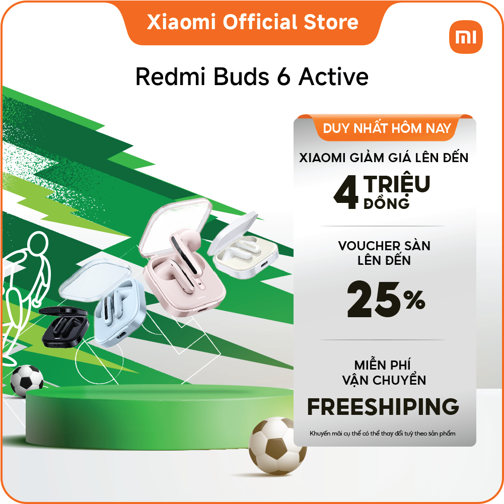 Tai nghe Bluetooth REDMI Buds 6 Active | Củ loa động 14,2 mm lớn tạo nên âm thanh mạnh mẽ, ít bị biến dạng | Giảm tiếng ồn bằng micrô kép giúp giọng nói rõ hơn | Thời lượng pin khi sử dụng hộp sạc lên đến 30 giờ*