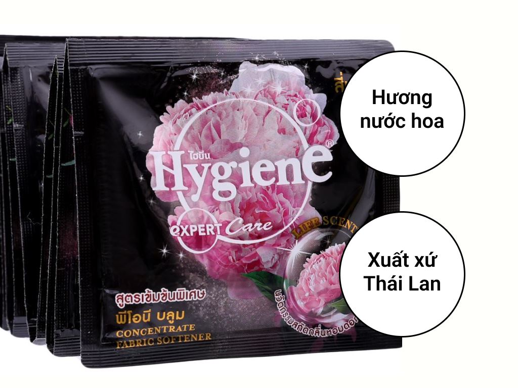 ( 1 dây đen) 12 gói nước xả vải Hygiene Expert Care đen hương hoa mẫu đơn 20ml