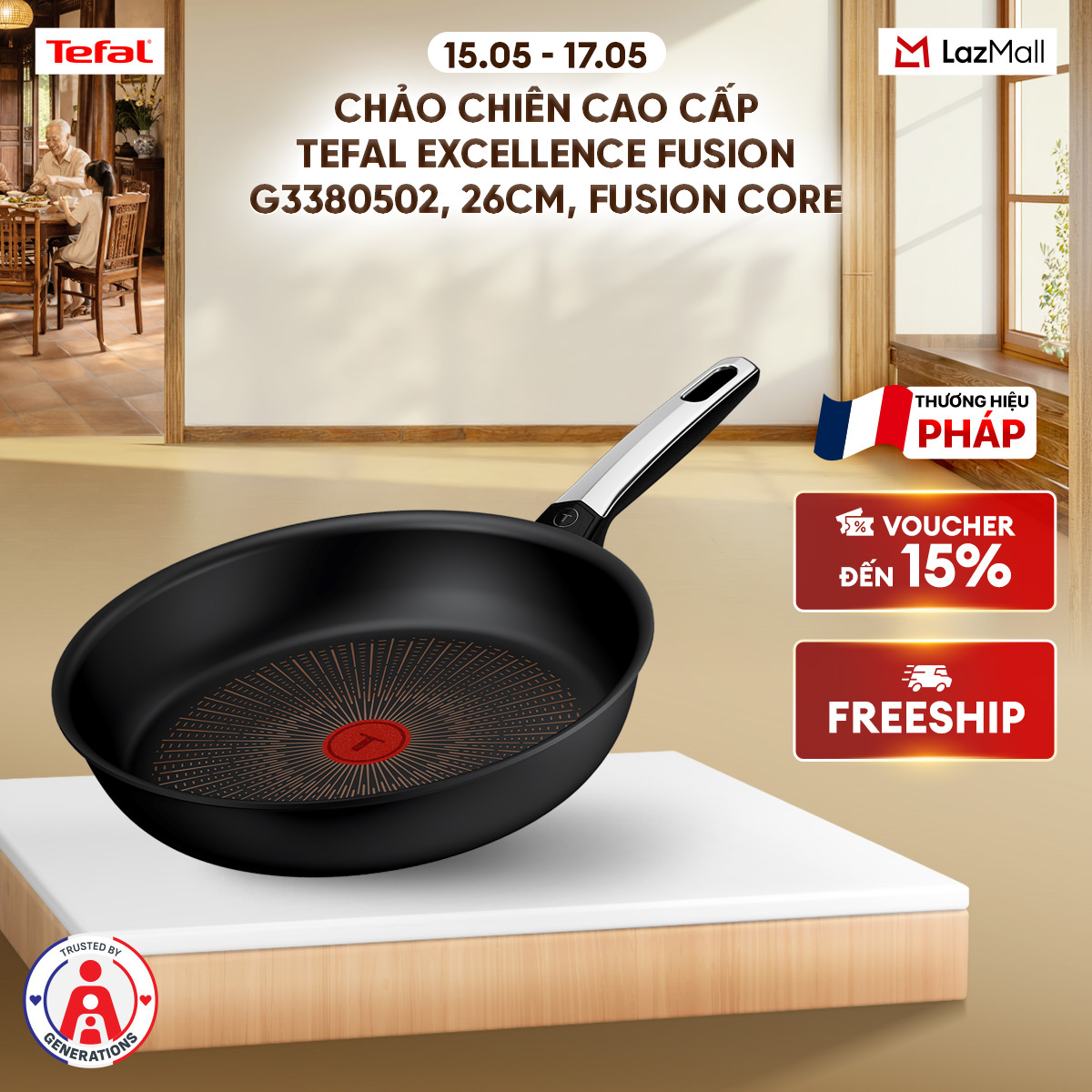 Chảo chiên cao cấp Tefal Excellence Fusion G3380502, 26cm, Fusion Core